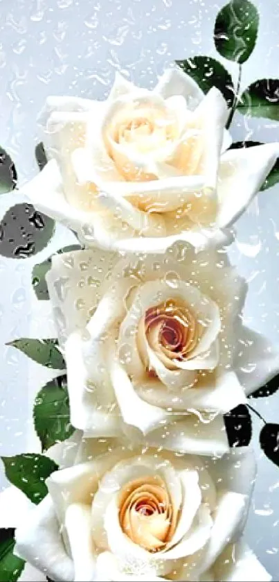 Elegant white roses with green leaves on a light background.