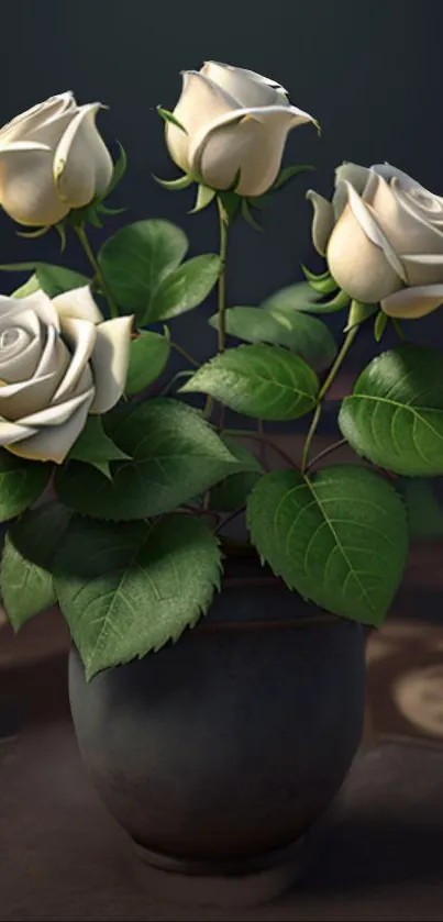 Elegant vase with white roses on a gray background.