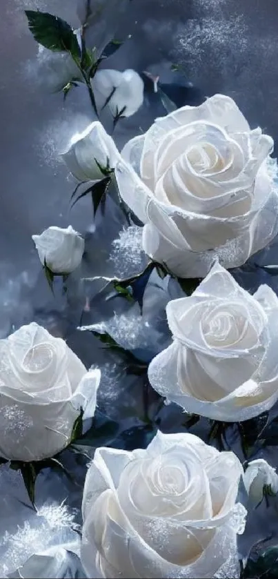 Frost-covered white roses in soft focus on mobile wallpaper.