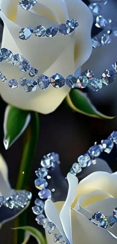 Luxurious wallpaper of white roses entwined with sparkling blue gems.