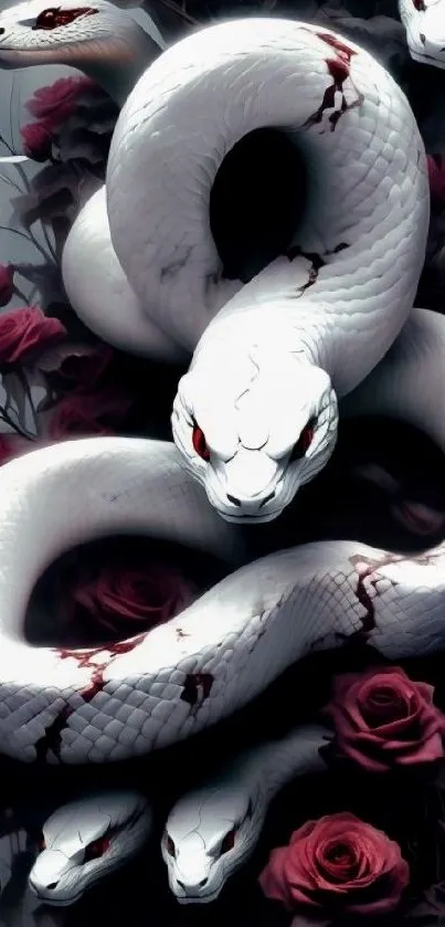 White snake entwined with deep red roses on a mobile wallpaper.