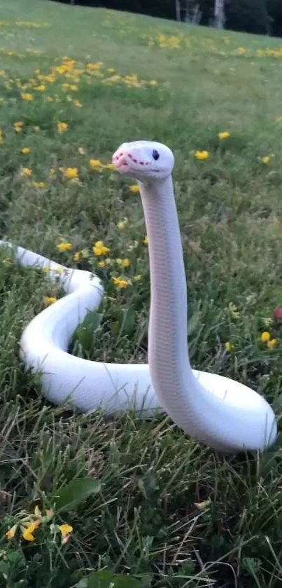 White snake in meadow with yellow flowers and green grass.