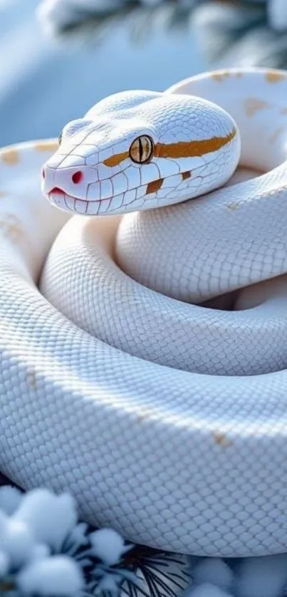 Elegant white snake coiled on frosty branches in serene winter setting.