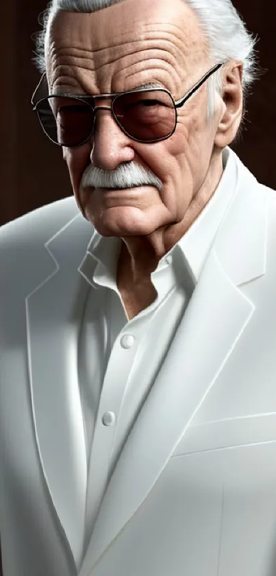 Distinguished figure in white suit with sunglasses, elegant style portrait.