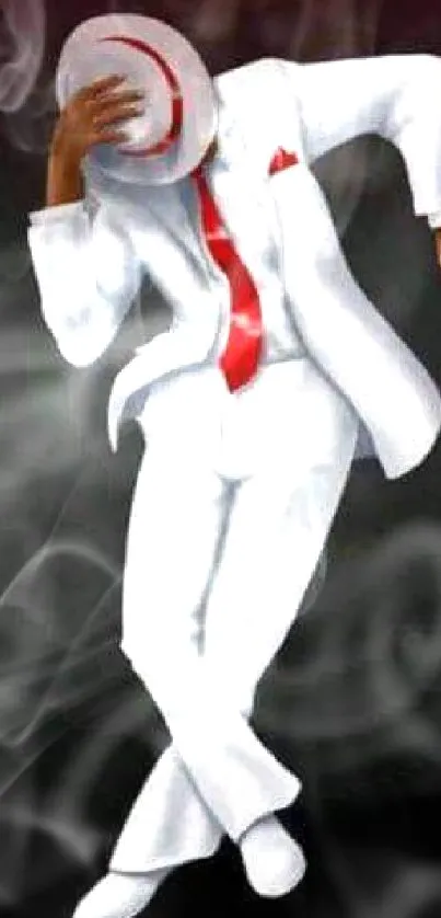 Silhouette in white suit striking a pose on black background.