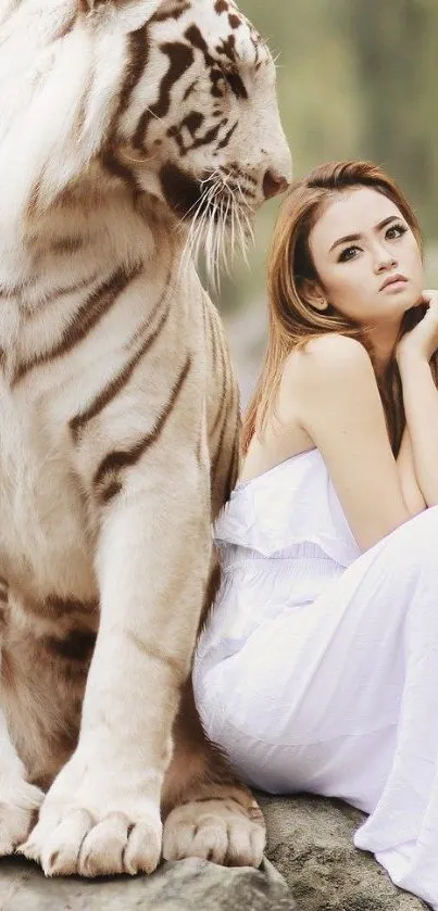 White tiger and woman in white dress on rocks.