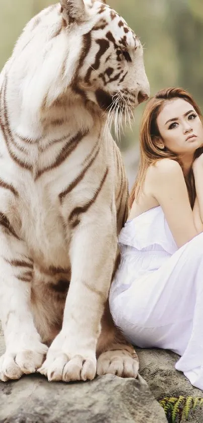 Woman in white with a white tiger on rocks, natural background.