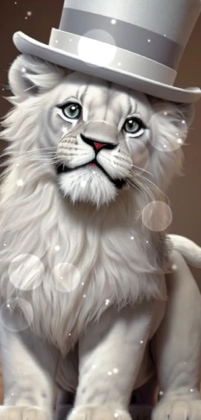 Elegant white tiger wearing a top hat, set against a soft brown background.