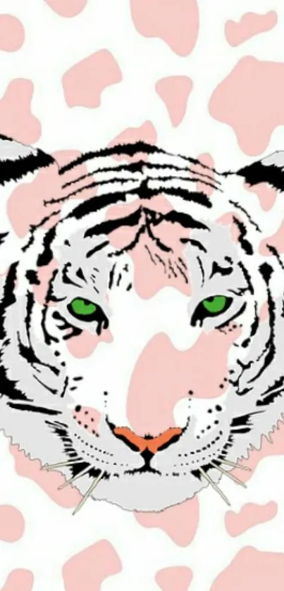 Artistic white tiger with pink accents and green eyes wallpaper.