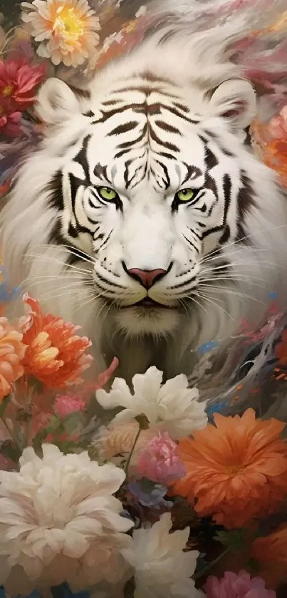 White tiger with colorful flowers wallpaper.