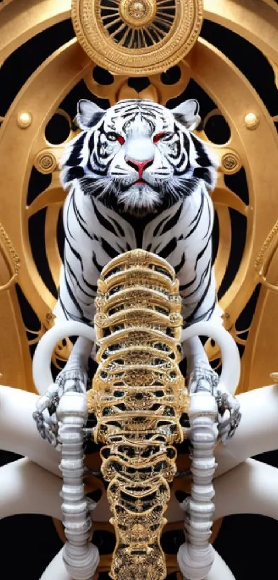 White tiger with golden ornament design mobile wallpaper.