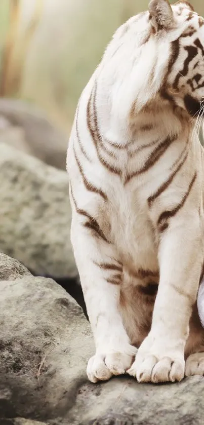 Majestic white tiger with woman in nature scene.