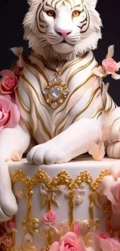 White tiger with pink roses on ornate background.