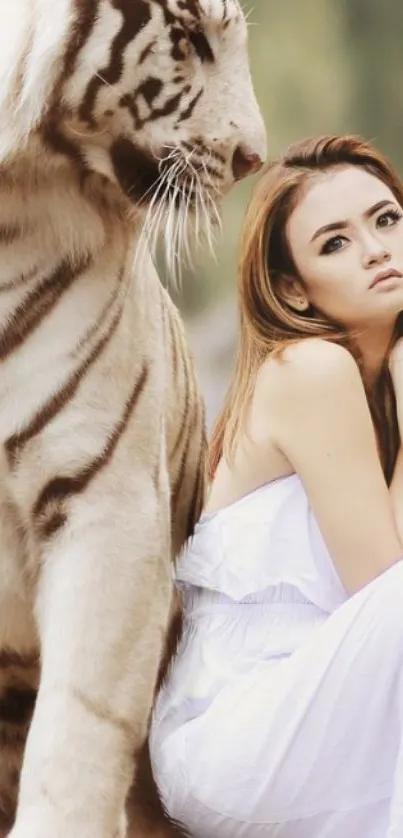 White tiger with woman in elegant pose on a serene backdrop.