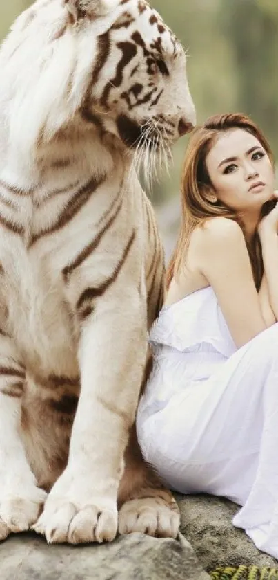 White tiger with a serene woman in an elegant nature setting.