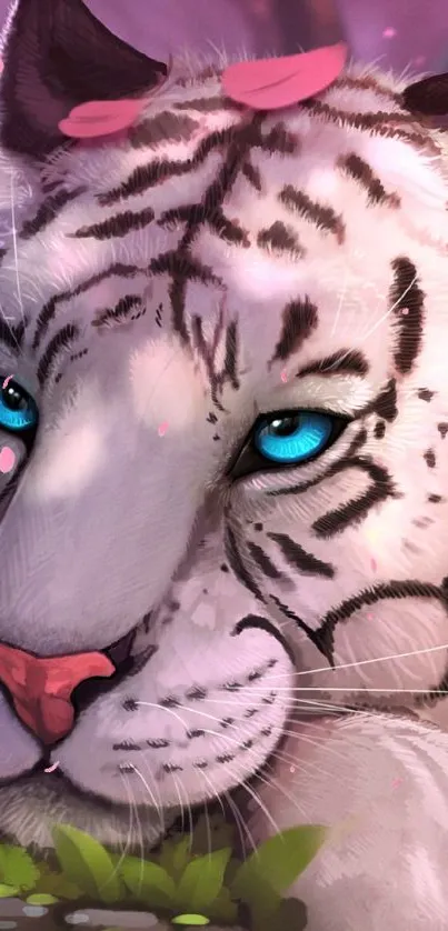 White tiger with floral accents and blue eyes on a mobile wallpaper.