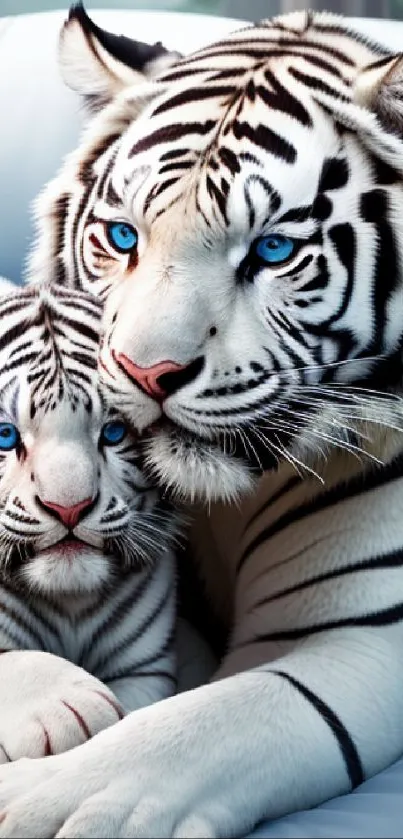 White tiger and cub with blue eyes on soft pillow.