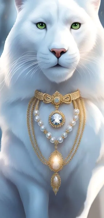 White tiger with ornate jewelry, fantasy art wallpaper.