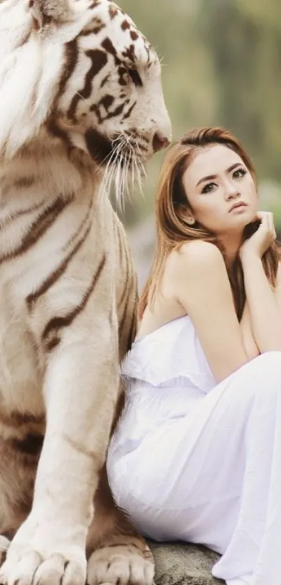 Majestic white tiger and serene woman in nature setting wallpaper.