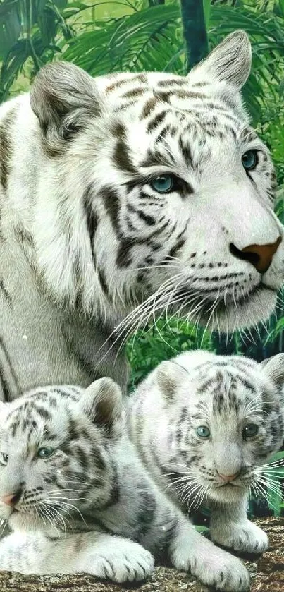 White tigers resting in a lush green jungle.