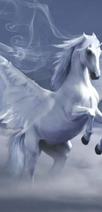 Majestic white unicorn soaring through a dreamy blue sky.