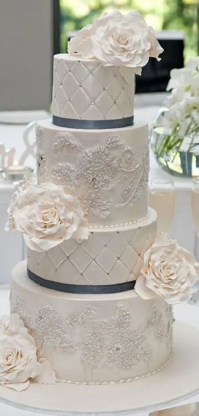 Elegant white wedding cake with floral details.
