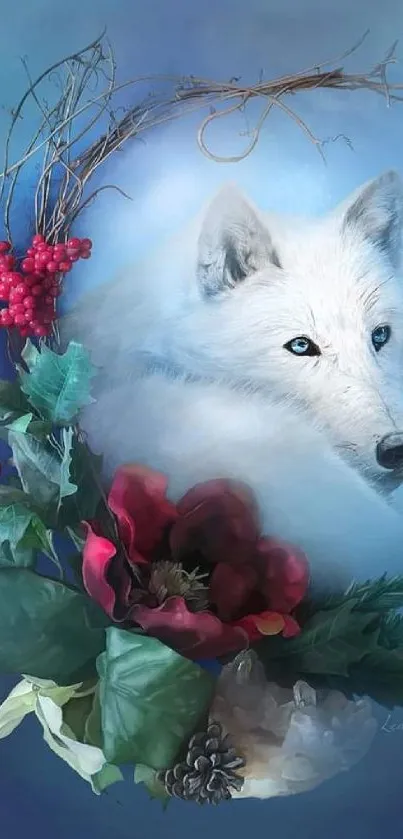 White wolf with floral and green foliage on blue background.