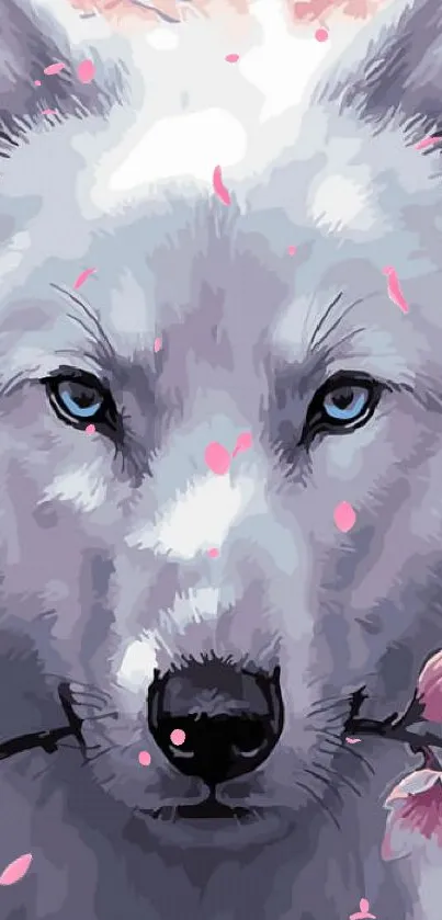 Majestic white wolf with cherry blossoms and blue eyes.