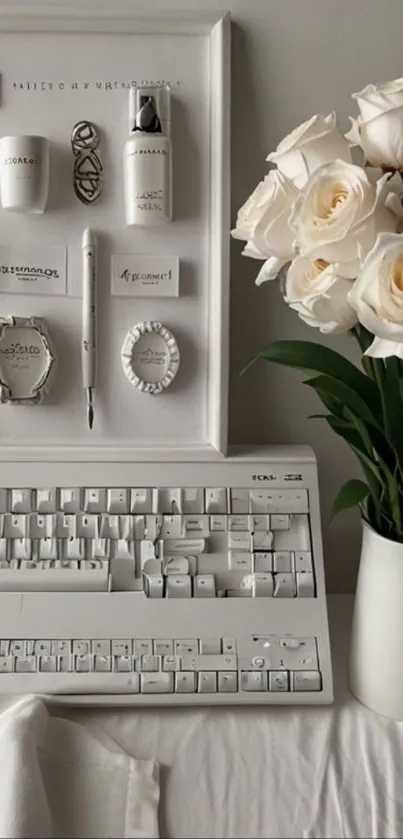 White workspace with roses and keyboard.