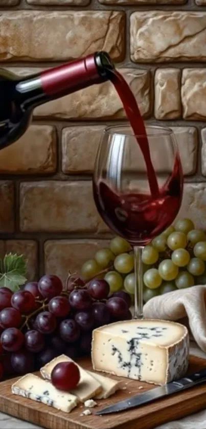 Wine pouring into glass with cheese and grapes