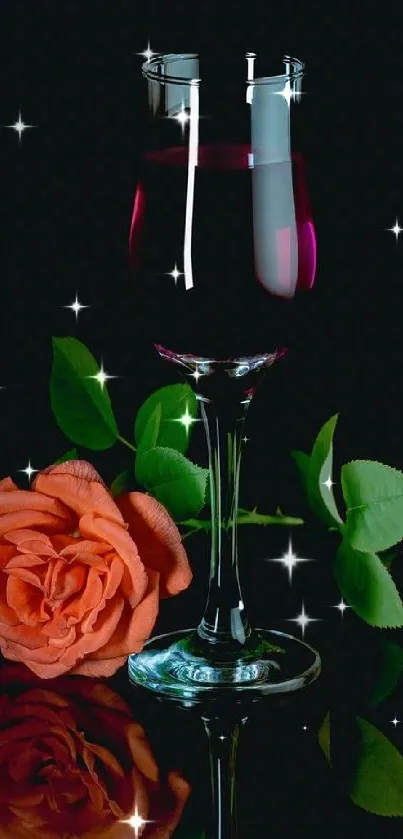 Wine glass with orange rose on black background.