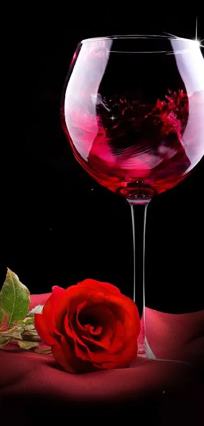 Elegant mobile wallpaper featuring a wine glass and a red rose on dark background.