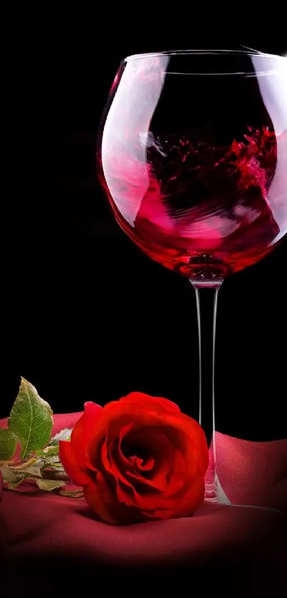 Elegant burgundy wallpaper with wine glass and rose.