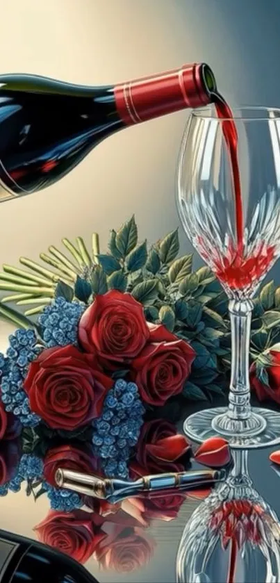 Artistic wallpaper of wine and roses with elegant reflections.