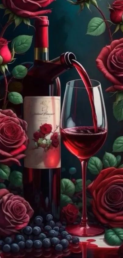 A bottle of wine with red roses and a glass.