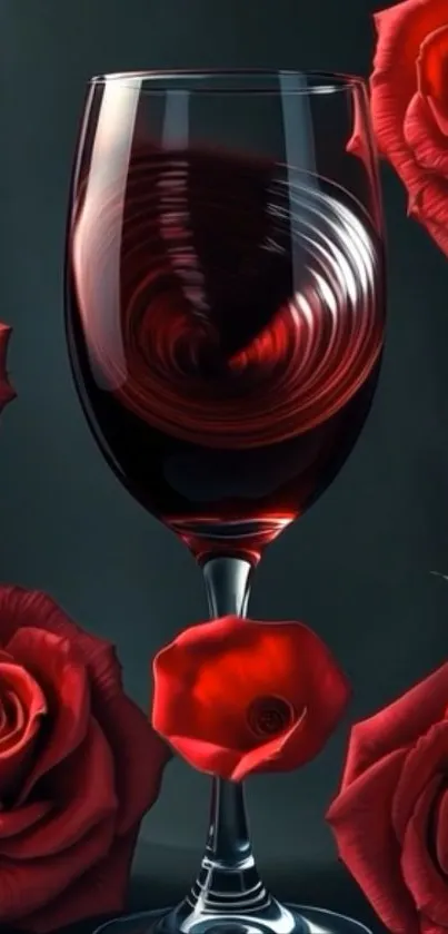 A glass of red wine surrounded by lush red roses in an elegant wallpaper design.