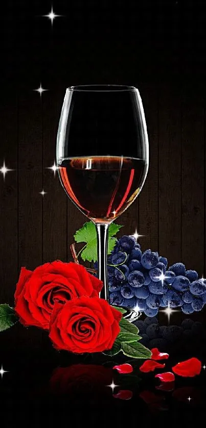 Elegant glass of wine with red roses and grapes on a dark background.