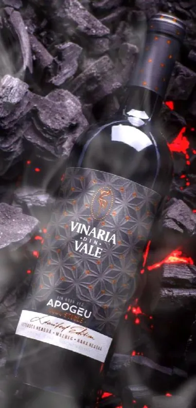 A wine bottle on glowing embers creating a captivating visual.