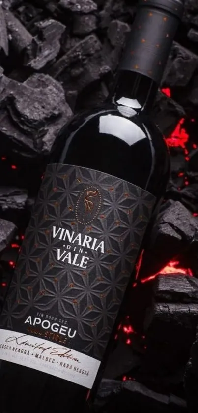 Elegant wine bottle on dark textured background with red glow accents.