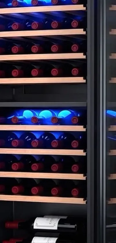 Elegant wine cellar with wooden shelves and bottles.