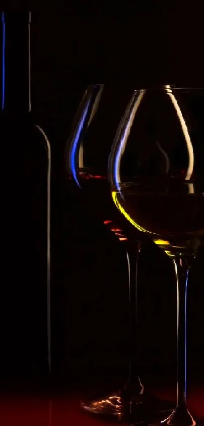 Elegant wine glasses in dark lighting for a sophisticated phone wallpaper.