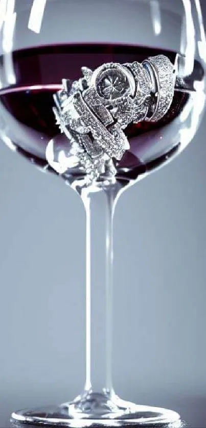 Luxury jewelry in a modern glass with red wine, creating an elegant and artistic look.