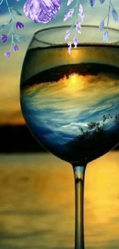 Artistic sunset reflected in a wine glass with floral accents.