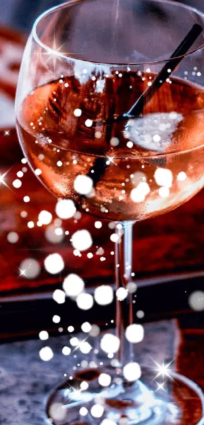 A stylish wine glass on a patterned table.