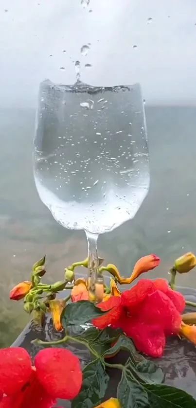 Elegant glass with raindrops and red flowers against a green backdrop.