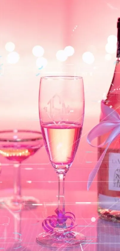 Elegant wine glasses with pink hues and festive lighting.