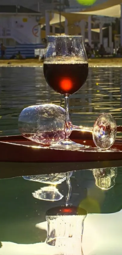 Wine glasses reflecting on water with elegant lighting.