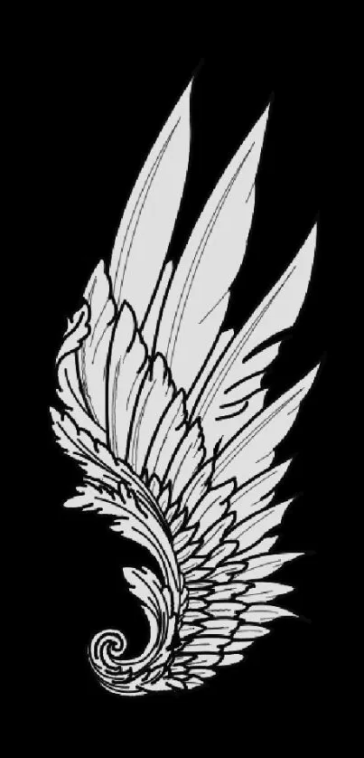 Black and white wing design on a mobile wallpaper with intricate feathers.