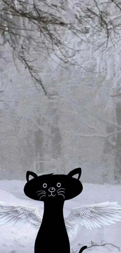 Winged black cat in snowy forest background.