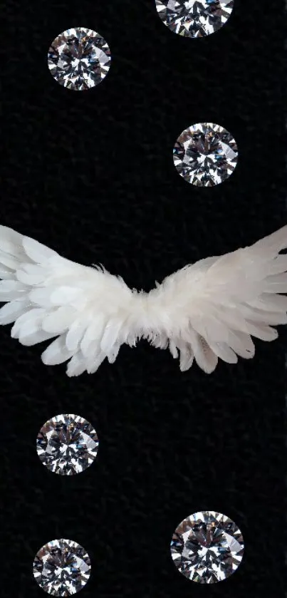 Mobile wallpaper with white wings and gems on a black background.